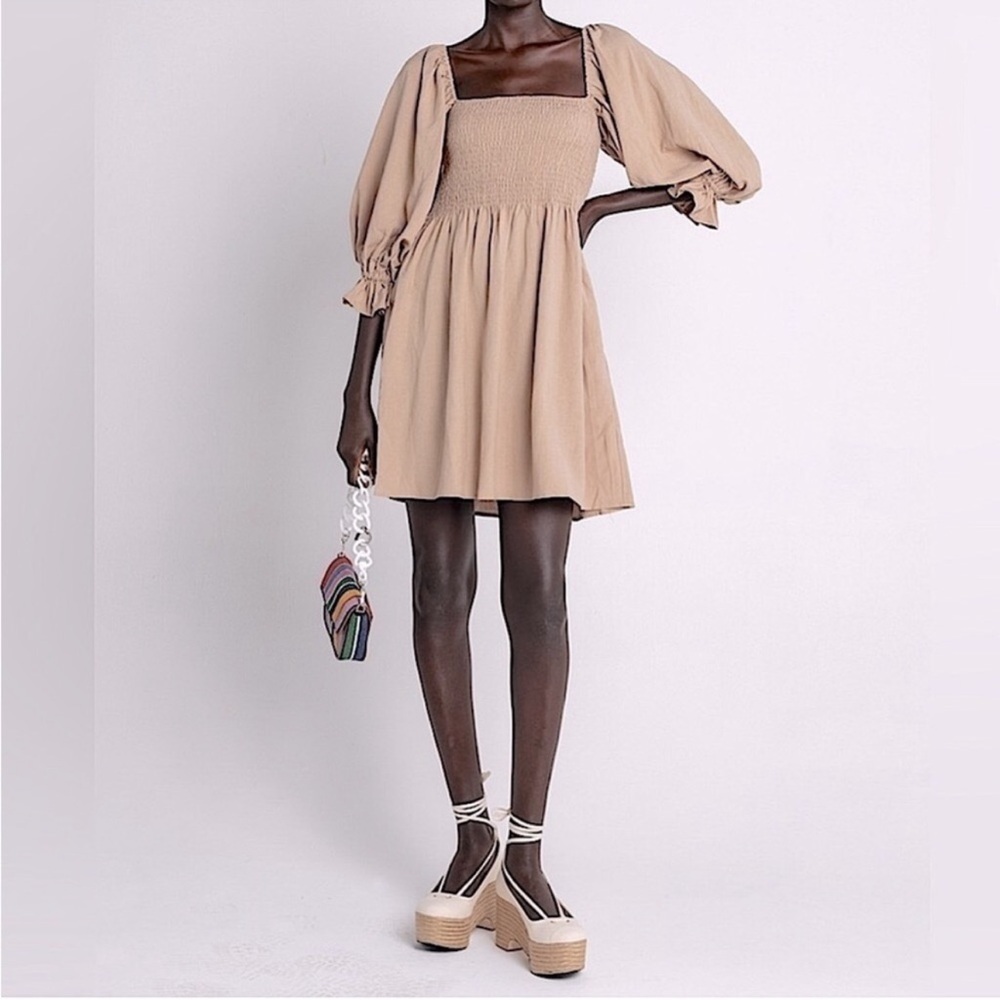 Kourt Portia Smocked Tan Puff Bubble 3/4 Sleeve Shirred Linen Mini Dress